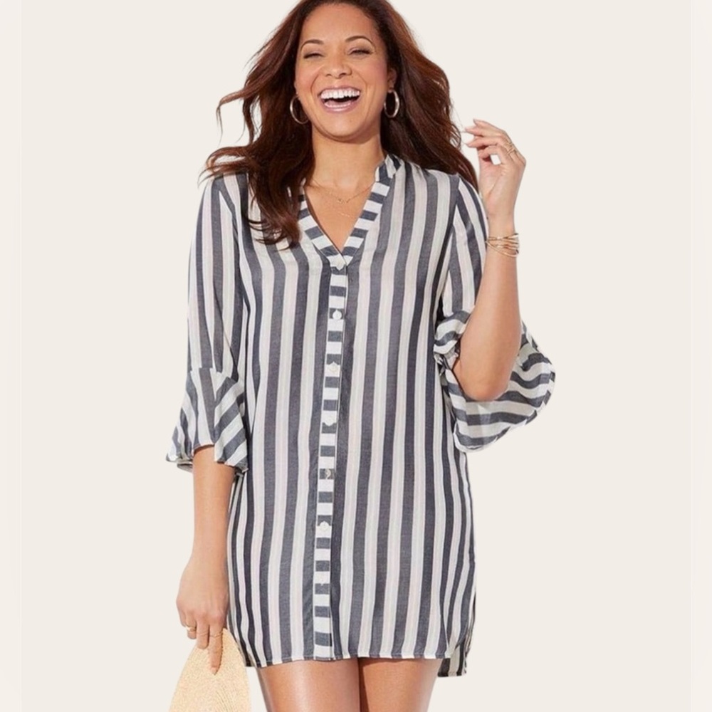 Beach Striped V-Neck Cover Up- Navy and White